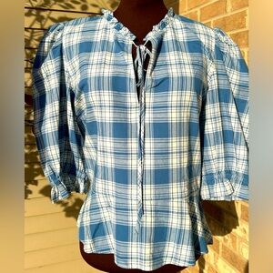 NWT POLO Ralph Lauren s16 Plaid peplum top French blue-puff slv-tie neck-sidezip
